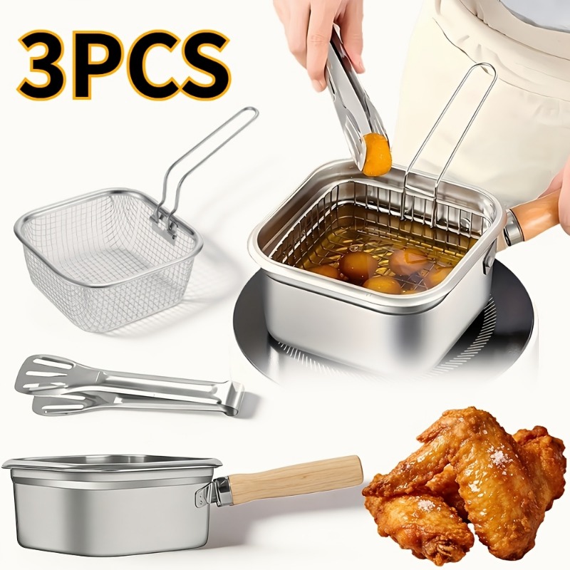 Paella Pan Steel - RVS vierkante diepe friteusepan met tang,